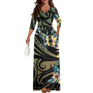 热门产品 波利尼西亚刷纹印花萨摩亚鸡蛋花女式长袖连衣裙 按需印花女式服装 连衣裙 派对服饰 - Product Image 4