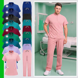 Men Hospital Uniform Set Zip-Up Top Elastic Pants Moisture Wicking Split Design For Medical Workwear - Product Image 1