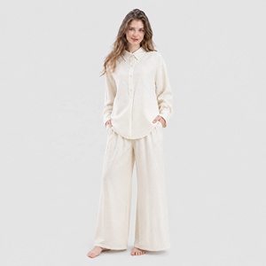 Ensemble 2 pièces pour femmes, été, chemise à manches longues boutonnée et pantalon large, tenue décontractée, tenue de resort - Product Image 4