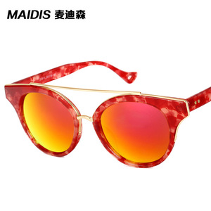 Maidis Cat Eye Sunglasses Red Marbled Frame Gold Metal UV400 Protection Women's Fashion Sun Glasses - Product Image 1