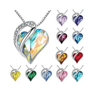 Kalung Hati Lautan 12 Bulan Klasik Kalung Batu Kelahiran Kristal Bentuk Hati Cinta Berlapis Emas Putih untuk Hari Valentine