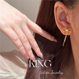 Conjunto de collar y aretes de plata de ley S925 chapados en oro con encaje, perlas y mariposas para mujer, joyería de boda. - Product Image 4