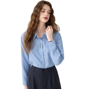 Women's Blue Striped Shirt Long Sleeve Poplin Casual Blouse For Commuting Spring Autumn Elegant Inner Layer Top - Product Image 5