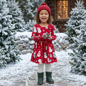 Vestito a Maniche Lunghe per Bambina in Morbido Bambù, Stampa Personalizzata Premium, Collo Rotondo, Linea ad A, Casual, per Feste Natalizie - Product Image 1