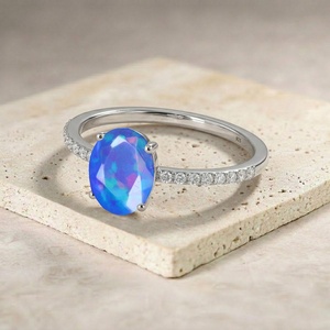Blue Fire Opal <b>Ring</b> 925 Sterling <b>Silver</b>, Natural Opal Engagement <b>Ring</b>, Dainty Diamond <b>Band</b>, October Birthstone Gift for Her - Product Image 4