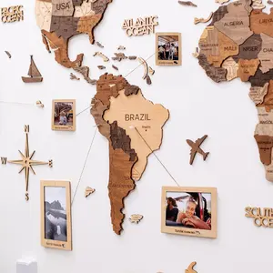 Mapa do mundo em madeira 3D com luz para decoração de escritório em casa arte de parede grande mapa do mundo em madeira