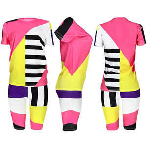 Verano geometría rayado empalme 2 piezas traje de pista trajes ocio deportes dos piezas pantalones cortos conjunto ropa de mujer - Product Image 2