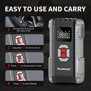 Démarreur de batterie 2-en-1 Purehood S600 avec compresseur d'air, 4000A de pointe, gonfleur de pneus 150 PSI, batterie externe 27000 mAh - Product Image 4