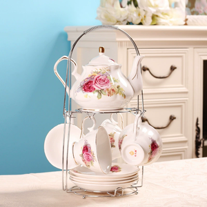 Gran oferta, juego de té de cerámica de lujo, taza y platillo de porcelana, tetera con soporte de hierro, juegos de <span class=keywords><strong>café</strong></span> y té - Product Image 2