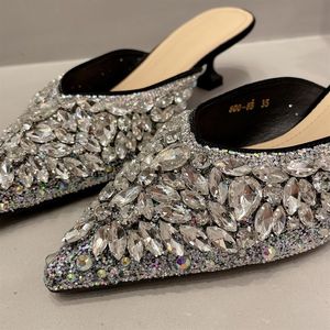 <b>Silver</b> Rhinestone Elegant Tacones De Mujer Sexy Mules <b>Low</b> Women Kitten <b>Heels</b> for Ladies - Product Image 5