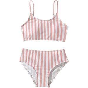 FOXA Conjunto de bikini a rayas de 2 piezas para niñas, top de baño con tirantes finos y parte inferior tipo tanga, trajes de baño bonitos para adolescentes - Product Image 1