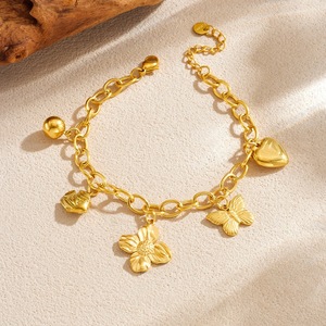 Fashion Charm <b>Bracelet</b> Gold Plated Zinc Alloy Butterfly <b>Flower</b> Heart Pendant Unisex Gift Jewelry B1844 - Product Image 2