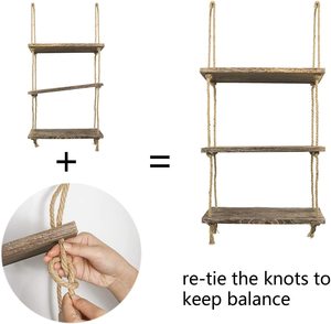 Étagère murale suspendue à 3 niveaux Art Déco pour plantes d'intérieur - Décoration en bois, porte-plantes en corde, utilisation dans la salle de bain et la chambre à coucher - Product Image 3