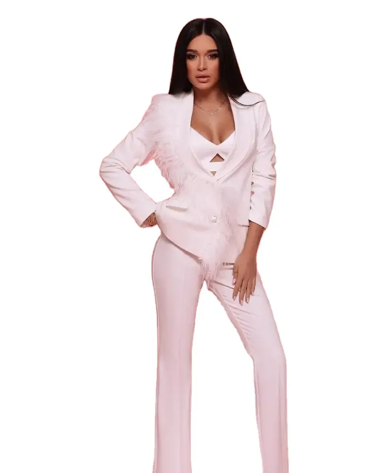 Custom Casual Plus Size Women Long Sleeve Coat Pant Feather White Elegant Lady Office Wear Suit