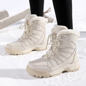 Women Mid Calf Snow Boots Leather Patch Upper Plush Fur <b>Collar</b> Black Beige Color Non <b>Slip</b> Lug Sole Hiking Boots - Product Image 1