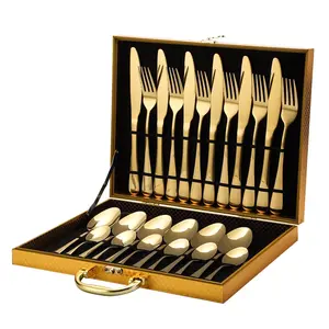 Thép không gỉ thiết lập dao nĩa muỗng 24-miếng vàng hộp gỗ Bạc Vàng Flatware Set