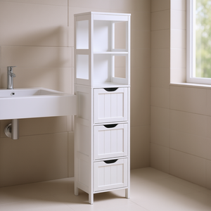 Meuble de salle de bain autoportant blanc et fin avec 3 tiroirs et étagère de rangement à 2 niveaux pour serviettes et linge - Product Image 2