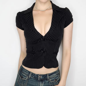 Sexy Deep V Pinstripe Cropped <b>Blazer</b> Top Women Slim Fit <b>Button</b> Front Short Sleeve Office Chic Business Casual Streetwear - Product Image 6