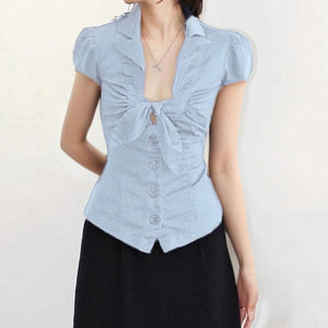 Chemise à manches courtes rétro à nœud papillon et à lacets, cintrée à la taille, style royal, polyvalente, amincissante - Product Image 5