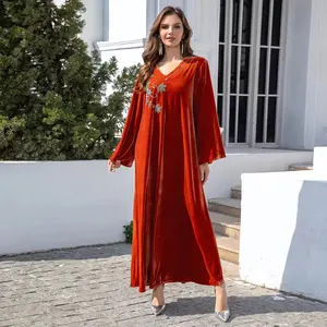 Middle East&Dubai&Arabic&Muslim women Abaya dress ladies gown Kaftan style robe Suede fabric embroidered luxury long dresses