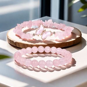 ファッションホットローズクォーツビーズクリスタルバタフライチャームブレスレット天然石ラウンドビーズ伸縮性ブレスレット女性男性用 - Product Image 1