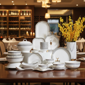 Service de table en porcelaine fine de 50 pièces pour 8 personnes, durable, élégant, motif paysager, passe au lave-vaisselle, bols de service - Product Image 1