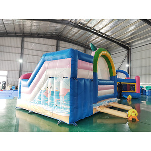 Château gonflable sur le thème tropical des flamants roses avec piscine, palmier et toboggan d'été pour enfants - Product Image 4