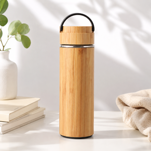 Bouteille d'eau isotherme en bambou et acier inoxydable avec poignée en corde, isolation thermique 12-24 heures, compatible eau bouillante, design minimaliste - Product Image 2