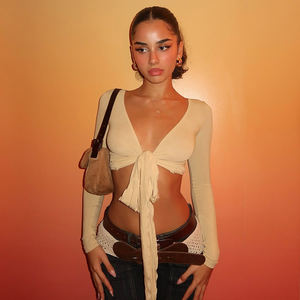 American Sexy V Neck Tie Front <b>Long</b> <b>Sleeve</b> Crop <b>Top</b> Women Slim Fit Tie Up Wrap <b>Top</b> <b>Y2K</b> Streetwear Dance Night Out Tee - Product Image 1