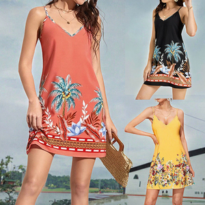 Robe Courte <span class=keywords><strong>Femme</strong></span> Style Plage Estival <span class=keywords><strong>Taille</strong></span> Empire Imprimée Sans Manches Col V Bretelles Jupes Courtes Tendance - Product Image 3