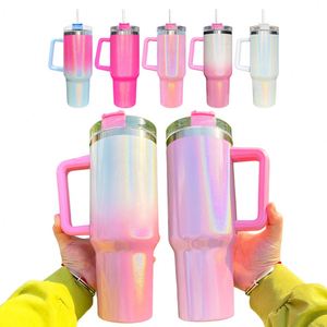 Nuevo Vaso de Viaje de 40 oz con Degradado Ombre Arcoíris Brillante, Sublimación al Vacío, con Asa y Pajita - Product Image 1