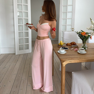 Conjunto de Pijama de 2 Piezas en Jersey de Punto, Top Clásico con Encaje Rosa y Pantalones Anchos - Product Image 2