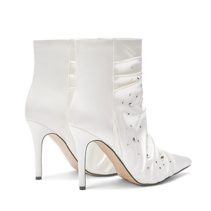 Wedding Styles Women Stiletto Thin Heels Short <b>Boots</b> Big Size 46 Shiny Rhinestones Silk Shoes Wide Fit Ankle White Booties - Product Image 3