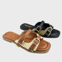 Sandales plates à enfiler pour femme, avec empeigne tressée et bride réglable à boucle, antidérapantes, à bout carré ouvert, mules d'été de plage
