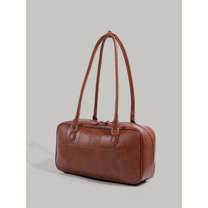 Bolso Boston Retro de Cuero Sintético Marrón con Parches, Gran Capacidad, Cierre de Cremallera, Bolso de Mano para Uso Diario, Forro de Algodón, para Mujer, Otoño - Product Image 2