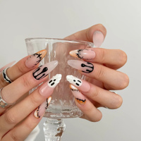 Ongles à presser Halloween Sweet Cool, peints à la main, motif fantôme toile d'araignée, noir effet goutte, acrylique, forme amande, personnalisés, vente en gros
