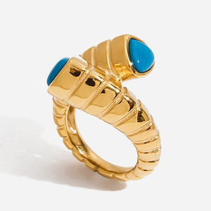 Geometric Gold Stainless Steel <b>Ring</b> With Blue <b>Turquoise</b> Inlay Unisex Fashion Jewelry Gift - Product Image 1