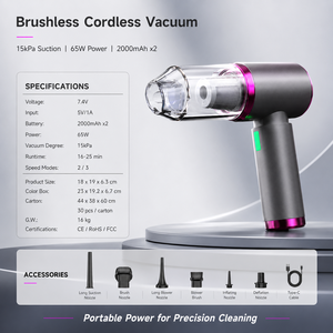 15KPa Brushless Cordless Handheld <b>Car</b> Vacuum Cleaner 65W Portable 3 in 1 Dust <b>Blower</b> Air Inflator 2000mAh x2 CE RoHS FCC OEM ODM - Product Image 6