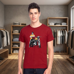 เสื้อยืดแขนสั้นสีแดงสำหรับผู้ชาย ลายโลโก้ด้านหน้าสำหรับนักขี่มอเตอร์ไซค์ คอกลม ทรงปกติ ผ้าถักผสมฝ้าย 65% พิมพ์ลายพัฟฟ์ แห้งเร็ว - Product Image 1