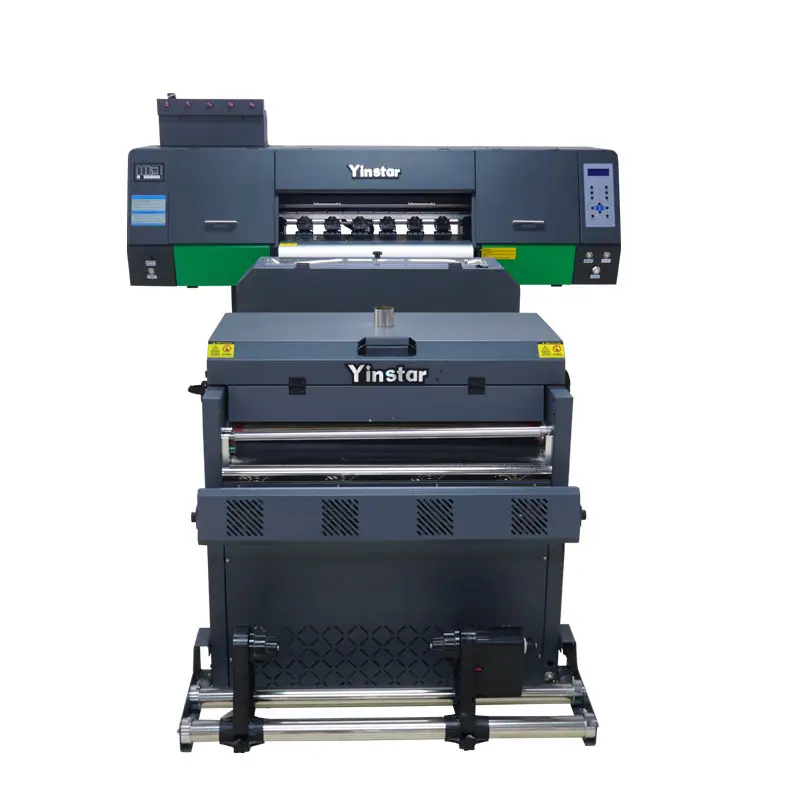 2023 Yinstar 60cm DTF 프린터 티셔츠 인쇄기 파우더 쉐이크 머신 모든 직물을위한 필름 프린터에 직접