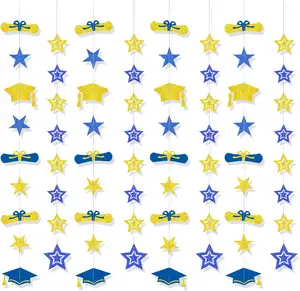 8 Pack 2024 Graduation Party Decorations Gold Glitter Backdrop Cap Star Garland Banner Hanging Decor for High School College