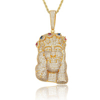 Collier pendentif en laiton avec bordure à pointes et zircons incrustés, chaîne en acier inoxydable style corde, pour rappeur hip-hop, vente en gros