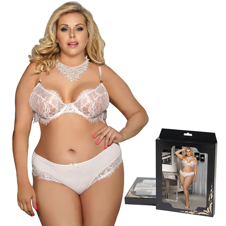 Hoge Ending Doos Prachtige Bloemen Wimper Transparante Kanten Beha Plus Size Sexy Bh & Korte Sets Volwassen Vrouwen Ondergoed met Boog