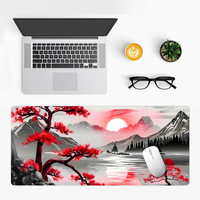 Tapis de bureau pour clavier et souris de gaming, motif Montagnes Arbres Rivière Lune, grand format, bords surpiqués, résistant à l'eau et aux rayures, en stock