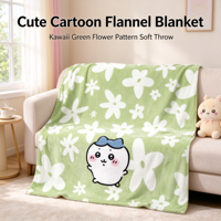 Couverture en flanelle polaire à motif de fleurs vertes mignonnes de style dessin animé, couverture douce pour canapé, lit, cadeau pour filles