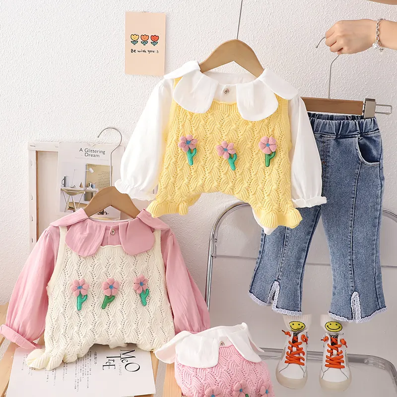 2023 bambini autunno ragazza carina Set moda bambini fiore maglione canotta manica lunga tre pezzi Set dolce bambini Wea