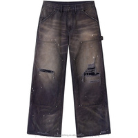Streetwear vierge de charpentier en denim lourd personnalisé déchiré en détresse Vintage sale lavage Double genou pantalon Baggy Jeans hommes