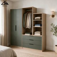 Armoire combinée en bois à double porte avec penderie, tiroirs et étagères ouvertes, grand meuble de rangement pour chambre à coucher