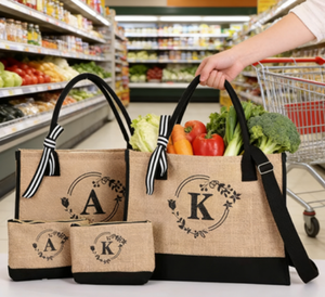 Sac fourre-tout en jute noir personnalisé avec initiales pour femme, idéal pour le shopping, les courses, la plage, le sport, le yoga, les fêtes ou comme cadeau, avec lettres en corde - Product Image 4