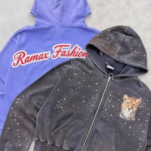 Nouveau style streetwear personnalisé en molleton French Terry, avec strass, effet délavé soleil, délavé à l'acide, patchs brodés et coupe courte zippée pour homme - Product Image 2